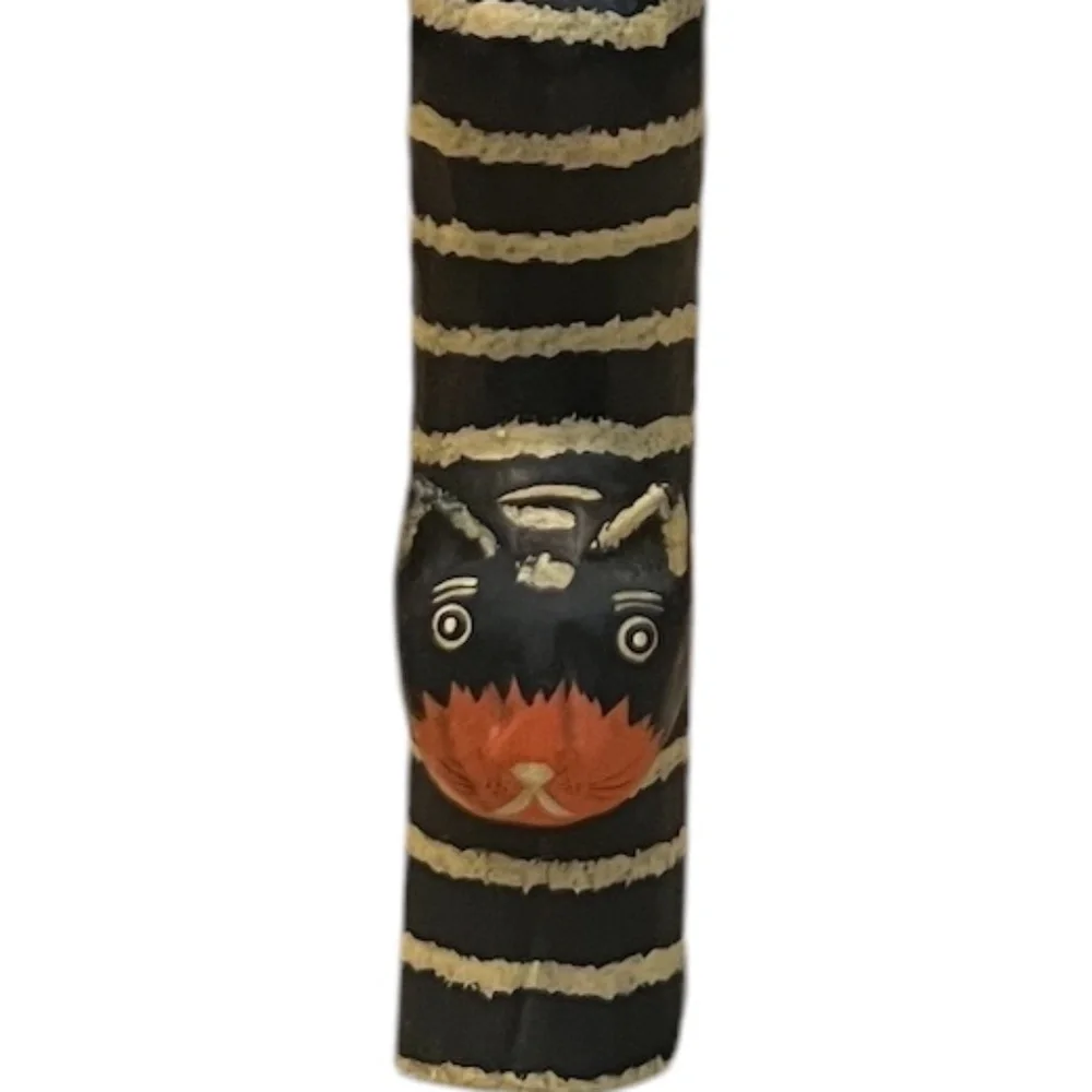 Carved Wood Hand‎ Painted Long Tail Striped Cat Figurine Ring Holder